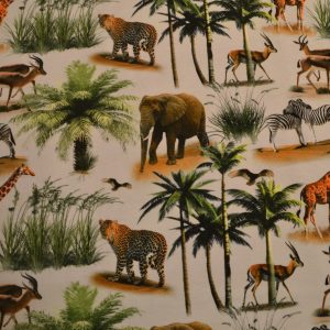 jersey digitalprint, savannens dyr og palmer på lys baggrund.