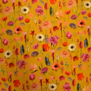 jersey digitalprint, blomster i mange farver på gul baggrund