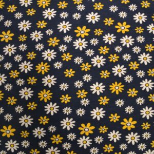 jersey digitalprint, blomster hvide/gule på mørk blå baggrund