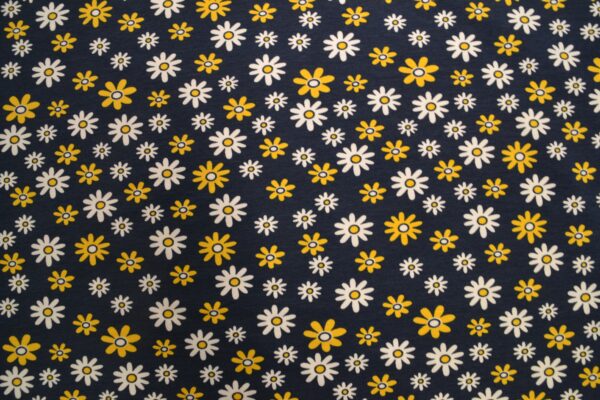 jersey digitalprint, blomster hvide/gule på mørk blå baggrund