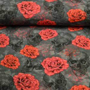 bomulds jersey digitalprint med roser og skulls
