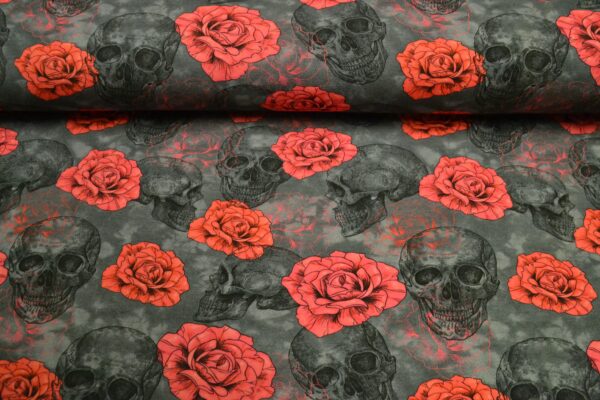 bomulds jersey digitalprint med roser og skulls