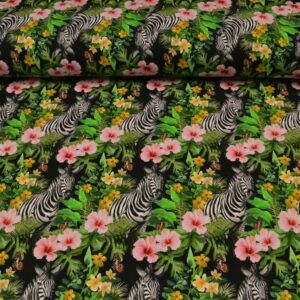 bomulds jersey digitalprint, zebra og eksotiske blomster