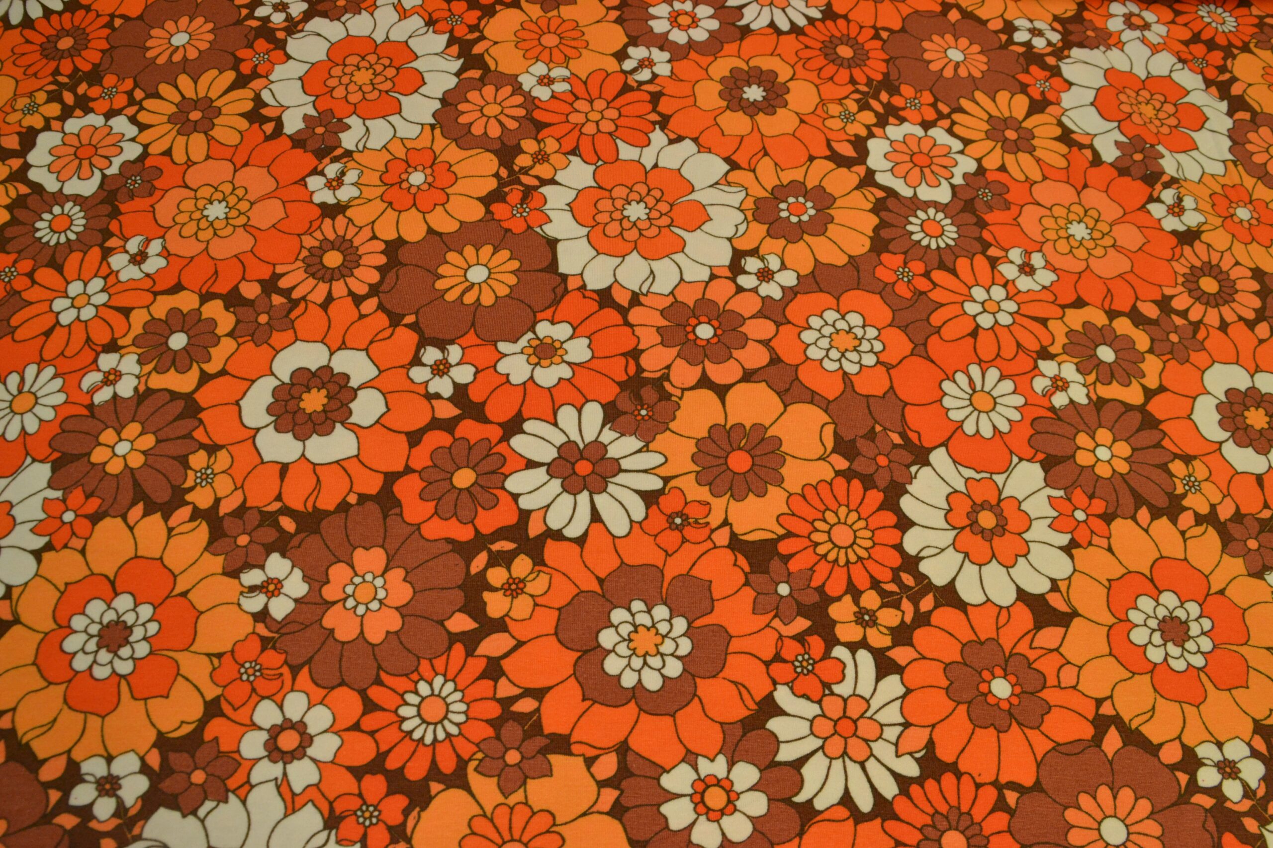 Digitalprint bomuldsjersey, Retro med orange blomster -